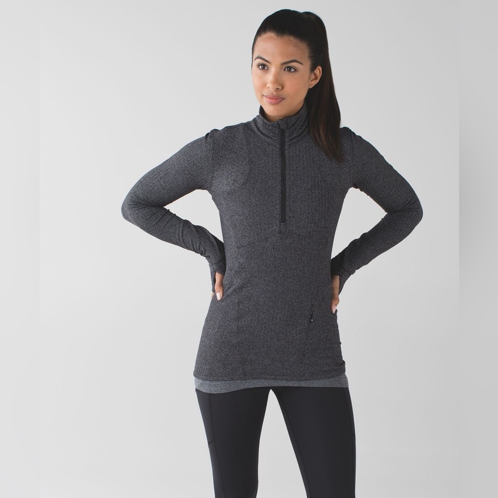 Lululemon Heathered Black Herringbone Think Fast Half Zip Pullover